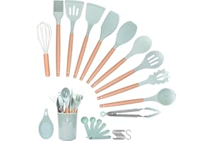 Helterfolg Utensilios Cocina de Silicona, 29 piezas juego de utensilios de cocina de silicona de con soporte para utensilios, mango de madera antiadherente resistente al calor (Verde Claro)
