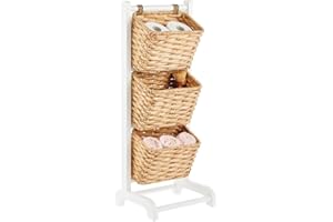 mDesign étagère autoportante avec paniers de rangement – étagère décorative à 3 niveaux en bois et jacinthe d'eau – meuble de rangement pour cuisine, salle de bain, etc. – blanc/couleur naturelle