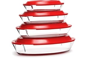KARADROVA Lot de 4 Plats à Four en Verre avec Couvercle, 0.8+1.4+2.2+3.5L - Plats à Lasagne pour le Four (PAS LE COUVERCLE), Oval, Récipients en Verre avec Couvercle en Plastique