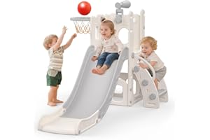 ‎HOMINEWTI Hominewti Kinder Rutsche, 5-in-1 Indoor Outdoor Rutsche, Kinderspielplatz mit Basketballkorb, Ablage und Teleskop, Spielplatz für Kinder ab 1 Jahr, Grau