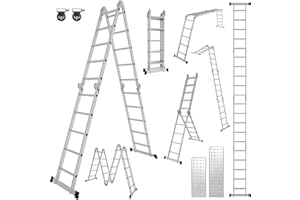 Yakimz Mehrzweckleiter 4x5 Stufen, Mehrzweckleiter mit Plattform und Rollen, 5,82M Alu Multifunktionsleiter 7 in 1 Klappleiter 20 Sprossen Vielzweckleiter