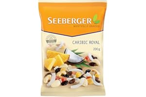 Seeberger Caribic Royal : mélange sucré de papaye, ananas, mangue, raisins et cubes de pommes avec chips de coco croquantes, amandes et noix de cajou, vegan (1 x 200 g)