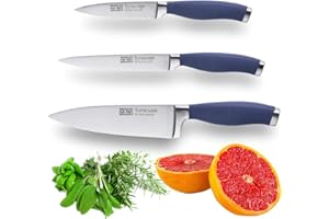 Taylors Eye Witness Syracuse Kitchen Knife 3pce Set - Paring 9cm/3.5”, Chefs 15cm/6” & Cooks All Purpose 13cm/5” Cutting Edge. Ultra Fine, Razor Sharp Blade. Soft Textured Grip Denim Blue Handle.