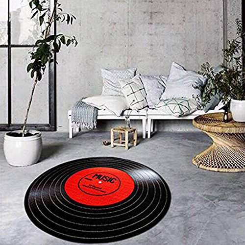 Fittoway Retro Style Vinyl Record Shaped Round Entrance Bedroom Rug Carpet Household Room Office Chair Mats 31.5x31.5x0.24 in (Black)