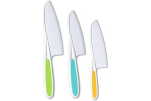 AKlamater Kitchen Safety Knives for Kids, Children's Cooking Knives in 3 Sizes & Colors/Firm Grip, Serrated Edges for Vegetables, Fruits, Salad, Cake