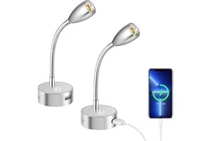 ‎ERWEY ERWEY 2er LED Leselampe 12V Wohnmobil, 3W 3000K Wandleuchte Bettlampe mit Flexible Schwanenhals und USB-Ladeanschluss DC12-24V Spot für Boot, Yacht, Auto, Van Wohnwagen Innenbeleuchtung, Silber
