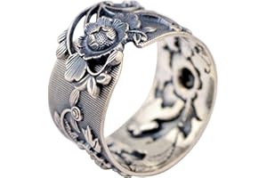 VIKIMO Feng Shui PiXiu Mantra Bague, Bouddhiste Coeur Sutra Bague, Vintage Large Noir en Argent Sterling 999 Fleur de Pivoine Bague for Femmes Filles 15mm Ouvert et Réglable