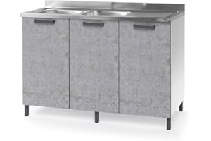 REDÒKASA Sottolavello per cucina componibile da 120 cm con tre ante, realizzata in legno 100% MADE IN ITALY (Con Lavello Vasche a Sinistra, Cemento)