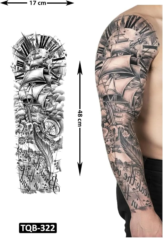 Airbrush Tattoo Gemi Tüy Geçici Dövme, 17x48 cm, 1 Hafta Kalıcı, Tam Kol Kaplama