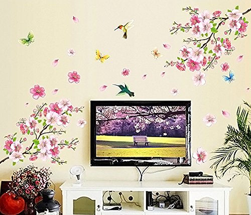 Qianxing abnehmbares wiederverwandbares schöne Baum Blume Blätter und Vögeln Serie Wandbild mehrfarbiges Wallsticker Wandtattoo Aufkleber für Sofa und Fernsehen im Wohnzimmer Deko Wandpapier(Blumen und Vogel)(110*120) - 4