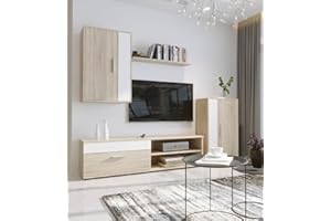 Home Heavenly® - Mueble salón Modular Bosco de 230 cm. Conjunto Completo Mueble TV + 2 vitrinas + Estante (Roble-Blanco)
