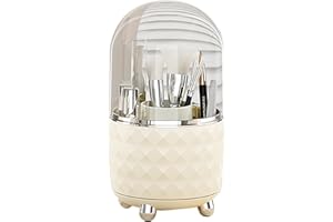 GGTTNRT Makeup Organiser, Makeup Brush Holder With Dustproof Lid, 360 Rotating Makeup Organiser for Vanity Table, Bedroom, Bathroom (Beige)