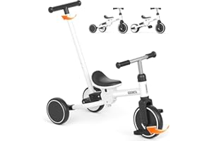 KORIMEFA Triciclo Evolutivo de Bebé 5 en 1, Bicicleta para Niños Desde 1 Año hasta 3 años con Barra de Empuje, Asiento Ajustable, Pedales Desmontables (Blanco)