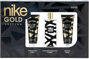 NIKE - Gold Edition Colonia 100 ml + After Shave 75 ml + Gel de Baño 75 ml, Estuche de Regalo Hombre, Eau de Toilette Masculina, Aroma Cítrico Especiado, Fragancia Fresca, Elegante y Duradera