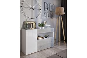 Dmora Credenza A Un'Anta A Ribalta E Cassetto, Cm 130 X 41 X 85 Cm, Colore Bianco Con Particolari In Effetto Cemento