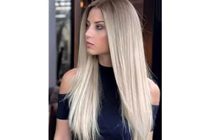 PORSMEER Peruka blond, ombre, długa, gładka, prosta peruka z koronką, przedziałek na środku, dla kobiet/dziewcząt, naturalne sztuczne włosy, brązowe mieszane blond peruka do noszenia na co dzień lub