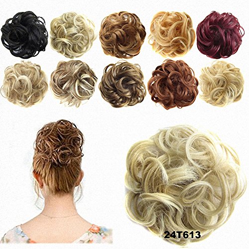 FESHFEN Ribbon Ponytail Hair Extensions Wavy Curly Messy Hair Bun Extensions Scrunchy Scrunchie Hair Bun Updo Hairpiece Donut Hair Chignons Hair Piece Wig Medium Blonde & Bleach Blond Mixed Hairpiece