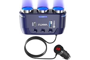 YANTU QC3.0 & PD cigarette lighter usb charger, 140W 3-Socket Cigarette Lighter adapter/Splitter with Blue Lights,12V usb socket with Double/Dual Plug/Port & Extension Lead for all Car Devices