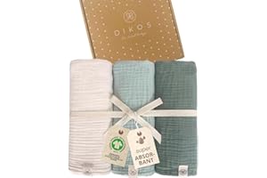 DIKOS® Lot de 3 Langes en Mousseline de qualité supérieure pour bébé - 64 x 64 cm - Douces et absorbantes en Coton Bio (GOTS, Oeko-TEX) - Serviettes en Mousseline de Soie crème (Menthe crème)
