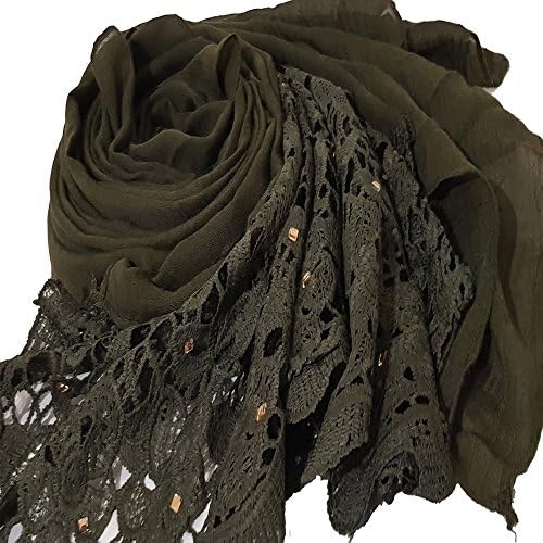 Lace Crochet Hijab Maxi Rhinstone Scarf Gold Diamante Wedding Bridal Wrap Shawl (Khaki)