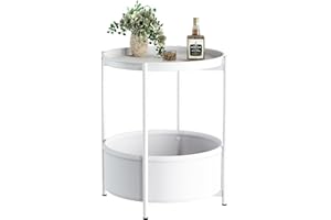 HUHOTE Beistelltisch Rund, Kleiner Tisch, Metall Balkontisch, Sofatisch 2 Ebenen, Couchtisch mit Korb aus Stoff, Nachttisch, Wohnzimmertisch, Beistelltische fürs Wohnzimmer Schlafzimmer Terrasse, Weiß