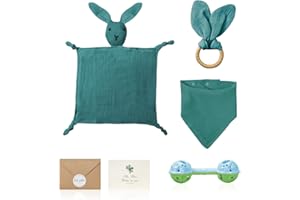 XZMCAT Set cadeau personnalisé pour bébé garçon & fille, 100% coton Doudou, anneau de dentition, triangle, carte de vœux, hochet 11CM, idéal comme cadeau de naissance, cadeau pour nouveau-né(Vert)