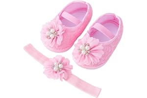 YILEEGOO Baby Girls Sequin Glitter Shoes Soft Sole Prewalker Mary Jane Princess Party Dress Crib Shoes with Bowknot Headband