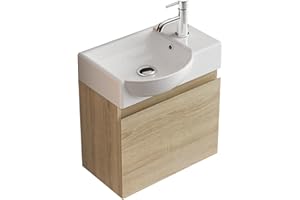 ‎ALPENBERGER GERMANY Alpenberger Waschtisch mit Unterschrank | Gäste WC Waschbecken Klein 45 cm Breit | Aufsatzwaschbecken mit Waschbeckenunterschrank | Badmöbel Hängeschrank | Waschtischunterschrank Eiche Hell