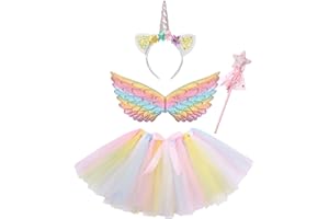 Clundoo Deguisement Licorne Fille Princess Enfant, Jupe Tutu Licorne avec Ailes, Coiffe de Licorne, Baguette de Fée, pour fête d'anniversaire, Halloween, Carnaval, Licorne