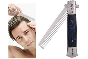 ‎FILFEEL Switchblade Sprężynowy składany grzebień kieszonkowy z przyciskiem, składany automatyczny trymer do włosów ze stali nierdzewnej, męskie akcesoria do stylizacji włosów olejowych (niebieski)