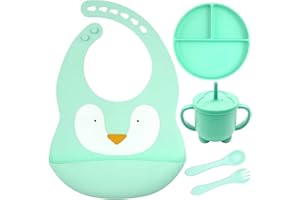 LAUTOKI - Vajilla bebe. Set 6 pcs, Vajilla bebe silicona, Vaso aprendizaje bebe, Vajilla infantil, Libre de BPA, Cuchara bebe aprendizaje, Plato bebe ventosa, Cubiertos bebe, Babero silicona bebe, BLW