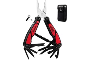BIBURY Multitool, 14 in 1 Multitools Pliers with Can Opener, Scissors, Light, Pocket Size EDC Multi Tool with Nylon Pouch for Fishing, Outdoor Activities, Home Improvement, Camping - Red
