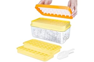 TECHSHARE Cubiteras Para Hielo con Tapa, Libera Todos Los Cubos de Hielo en un Segundo, Sin BPA, 64 Moldes de Hielo (Amarillo Ice Maker)