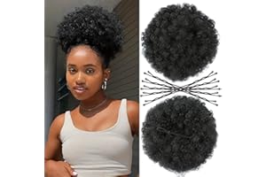 SAISIFEN Afro Puff Przedłużanie Włosów W Kucyk Z Klipsem Dla Czarnych Kobiet Afro Hair Bun Z 10 Spinkami Do Włosów (średnica 20 cm 8 Cali, #1B Naturalna Czerń)