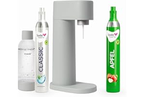 SODATASTE Sparpaket: Mysoda Woody - Wassersprudler aus erneuerbarem Holzkomposit mit 1L BPA-freier Plastikflasche, CO2-Zylinder Classic + CO2-Zylinder Apfel (Grau)