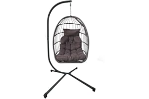 HOLYWARM Foldable Rattan Swing Chair Hammock with Steel Stand Weather-Resistant Hanging Chair, Removable Cushion for Patio Garden Indoor Outdoor Use (Grey Ratten Hanging Chair with Dark Grey Cushion)