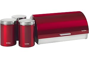 briebe Set Panera de Mesa + Juego de 3 Botes Cocina Almacenaje, Acero Inoxidable, Contenedor para Guardar Pan y Bollería, Tapa Deslizante, Diseño Moderno, Bread Box, Rojo/Inox