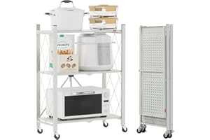 DEANIC Folding Storage Shelves,3 Tiers Metal Shelving Units for Storage 61x85x28 CM, Corner Kitchen Shelves on Wheels,Pantry Shelves,Bookcase for Living room Grey