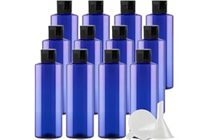 ZEOABSY 12 Pièces 200 ML Bleu Bouteille en Plastique avec Bouchon à Charnière Noir, Épaule Plate Vider Bouteille Ronde en PET de Voyage pour Cosmétiques Liquides