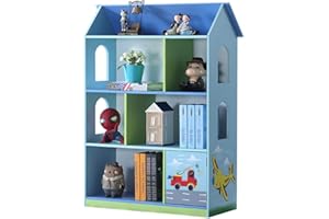 WODENY Dollhouse Bookcase Wooden Kids Book Storage Unit Children's Bookshelf for Boy House Shelves Display Organizer (Blue)