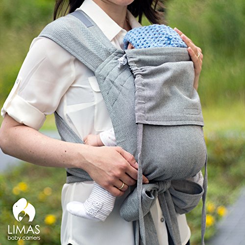 LIMAS Babytrage BIO-Baumwolle, wendbare Bauch-, Rücken- und Hüfttrage – Türkis Gestreift/Grau - 4