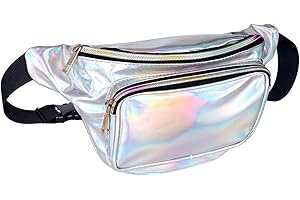 Geestock Holographic Fanny Pack for Women/Girls, PVC Waterproof Shiny Waist Bag, Ladies Bum Bag with Adjustable Belt for Travel, Party, Festival Rave, Running, Hiking,Swimming
