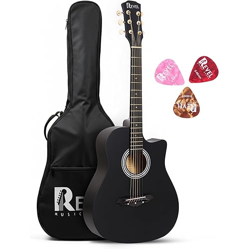 Revel 38 Inch Acoustic Guitar – Full-Size Cutaway Wooden Guitar with High-Gloss Finish, Steel Strings, Smooth Tuning Pegs, Includes Carry Bag & Picks | Acoustic Guitar for Beginners and Adults (Black)