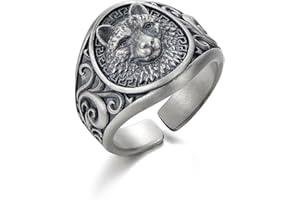 HYRKOTW Anello in Acciaio Inossidabile per Uomo, Anello con testa di lupo vichingo, Anello Chevalier Uomo Donna