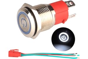 GUUZI 220V-230V/15A Selbstverriegelung Druckknopfschalter NO Wasserdichtes Weißes LED-Licht Beleuchtet 16mm Metall-Power-Start-Drucktaster mit Steckdosen-Stecker-Kabel