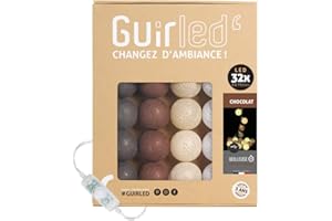GuirLED - Łańcuch świetlny LED z bawełnianymi kulami USB – lampka nocna dla dziecka 2 h – podwójny zasilacz USB 2 A w zestawie – 3 intensywności – 32 kule 3,2 m – czekoladowy brąz