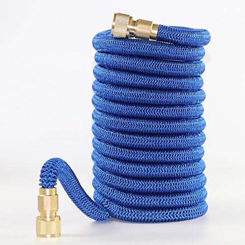 NEW 2017 MODEL 100ft Non-kink expandable garden hose pipe with superior solid brass hose tap connectors and MATCHING COLOUR Multi function 7 setting hose spray gun (black or blue) Replaced for free if not completely satisfied (Blue)