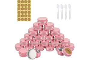 RMENOOR 24 PZS Tarros de Aluminio con Tapas Rosa 5ml Latas Redondas de Aluminio con Tapa, Etiqutas y 4 Cucharas Botes de Aluminio Envases Cosméticos Tarros Vacíos para Bálsamo Labial, Loción, Crema