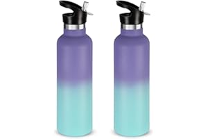‎VOLHOPLY Volhoply Butelka na napoje ze stali nierdzewnej, 750 ml, dwa opakowania, z podwójnymi ściankami, izolowana próżniowo butelka termiczna ze słomką, metalowy kubek termiczny dla dzieci, do uprawiania