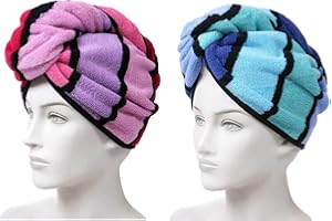 Anller Confezione da 2 asciugamani in 100% cotone per capelli, asciugacapelli, con bottone per donne, cappello asciutto per capelli (rosso e blu)